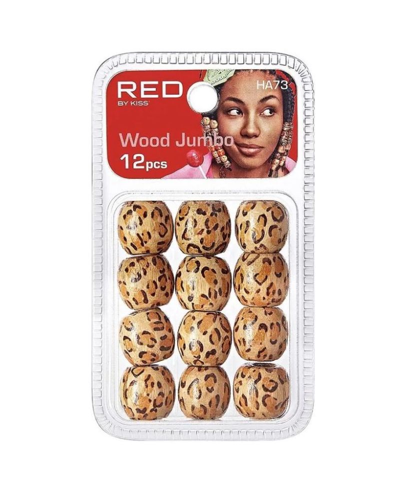 RED Wood Jumbo hair beads - Leopard 12 pcs